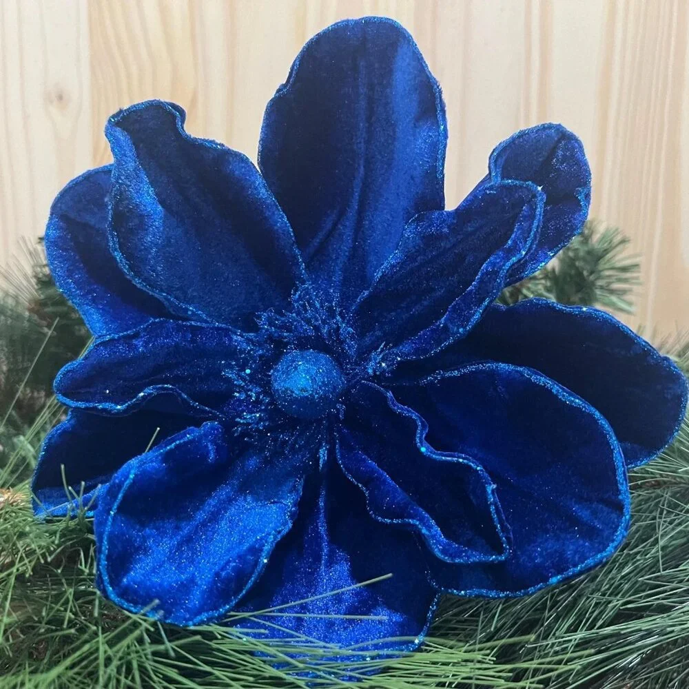 Sapphire Blue Deluxe Velvet Magnolia Floral Stem Pick Holiday Craft Supplies